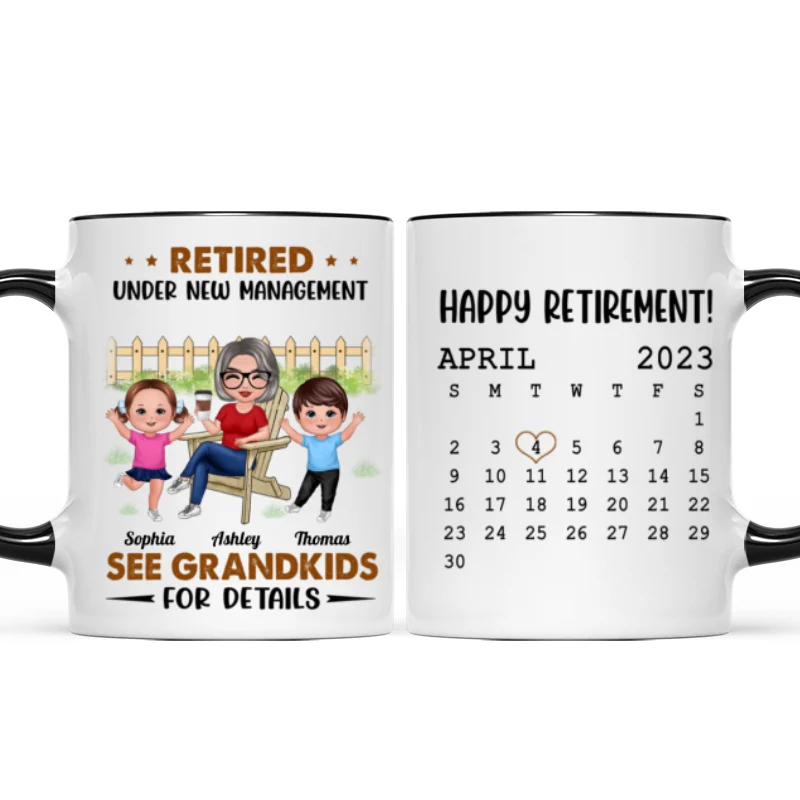 Retired Under New Management See Doll Grandkids Calendar Retirement Gift Personalized Mug - Image 5