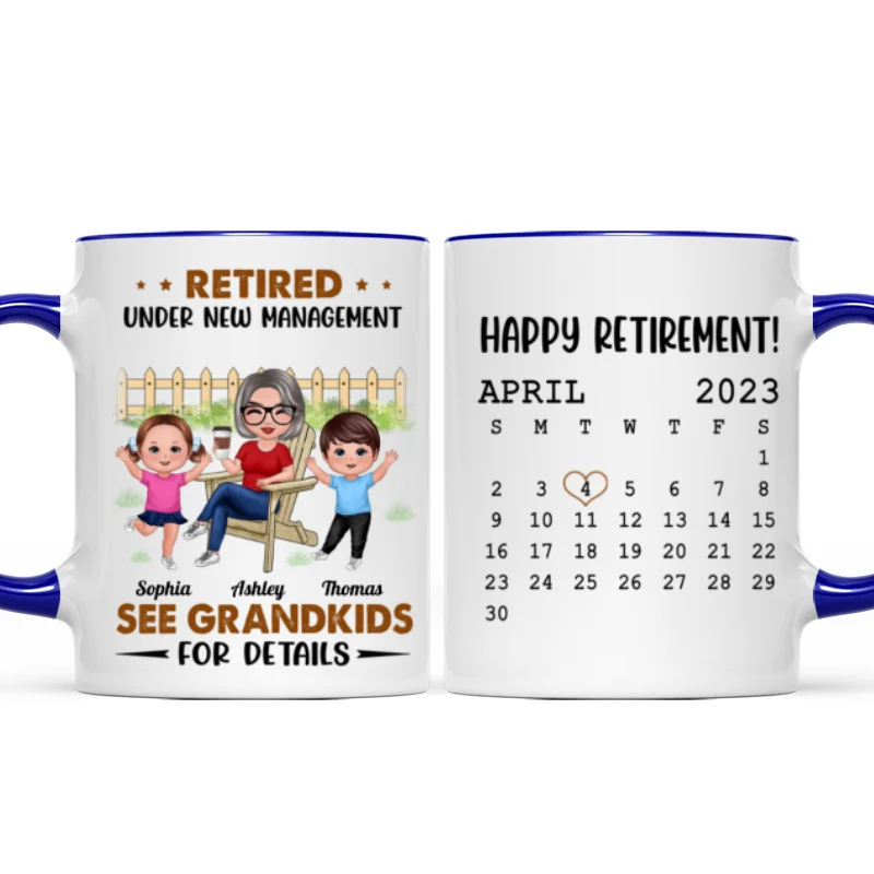 Retired Under New Management See Doll Grandkids Calendar Retirement Gift Personalized Mug - Image 6