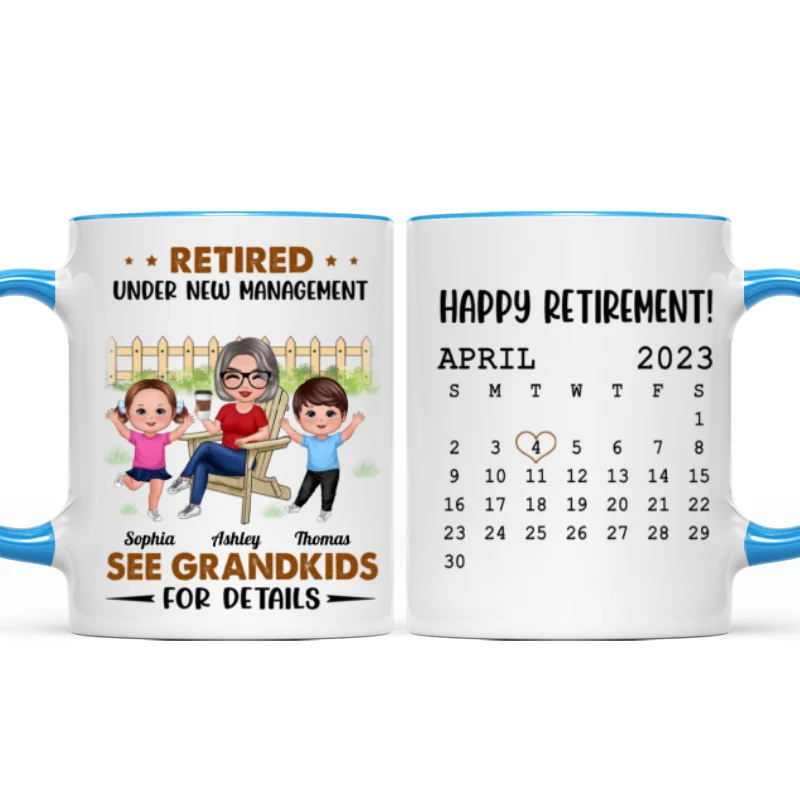 Retired Under New Management See Doll Grandkids Calendar Retirement Gift Personalized Mug - Image 8