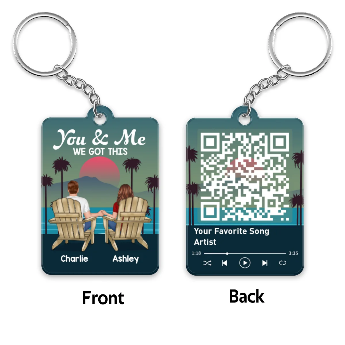 Retro Back View Couple Sitting Favorite Song QR Code Personalized Acrylic Keychain - Image 4