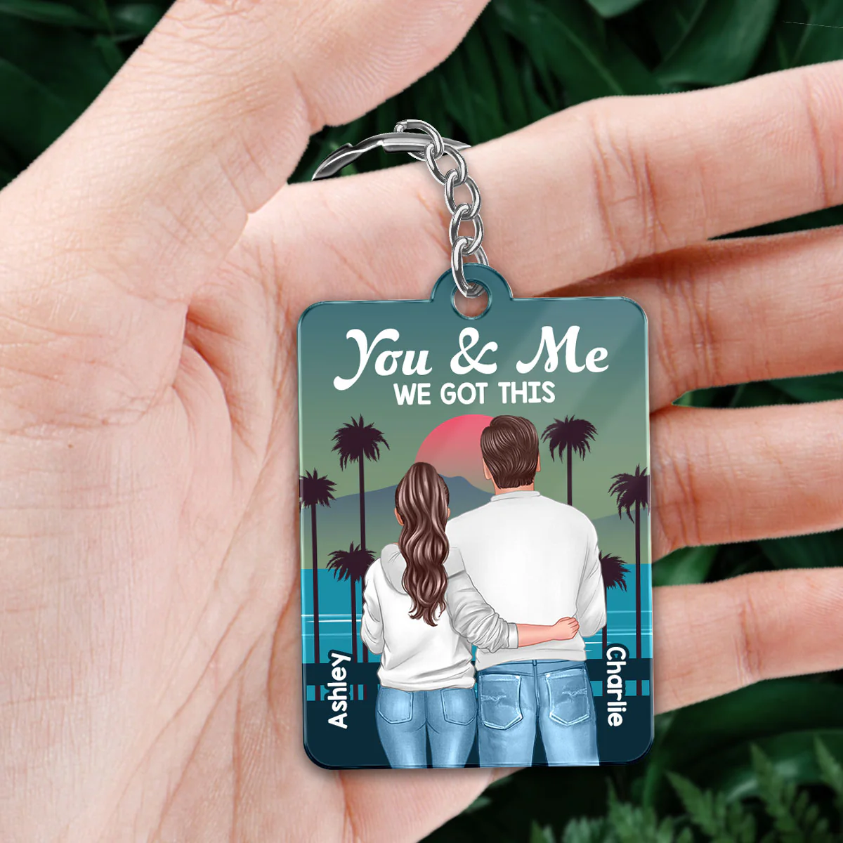 Retro Back View Couple Standing Hugging Favorite Song QR Code Personalized Acrylic Keychain - Image 2
