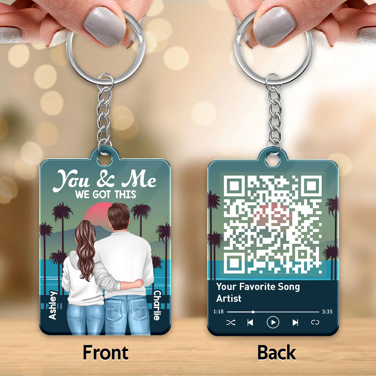 Retro Back View Couple Standing Hugging Favorite Song QR Code Personalized Acrylic Keychain - Image 3
