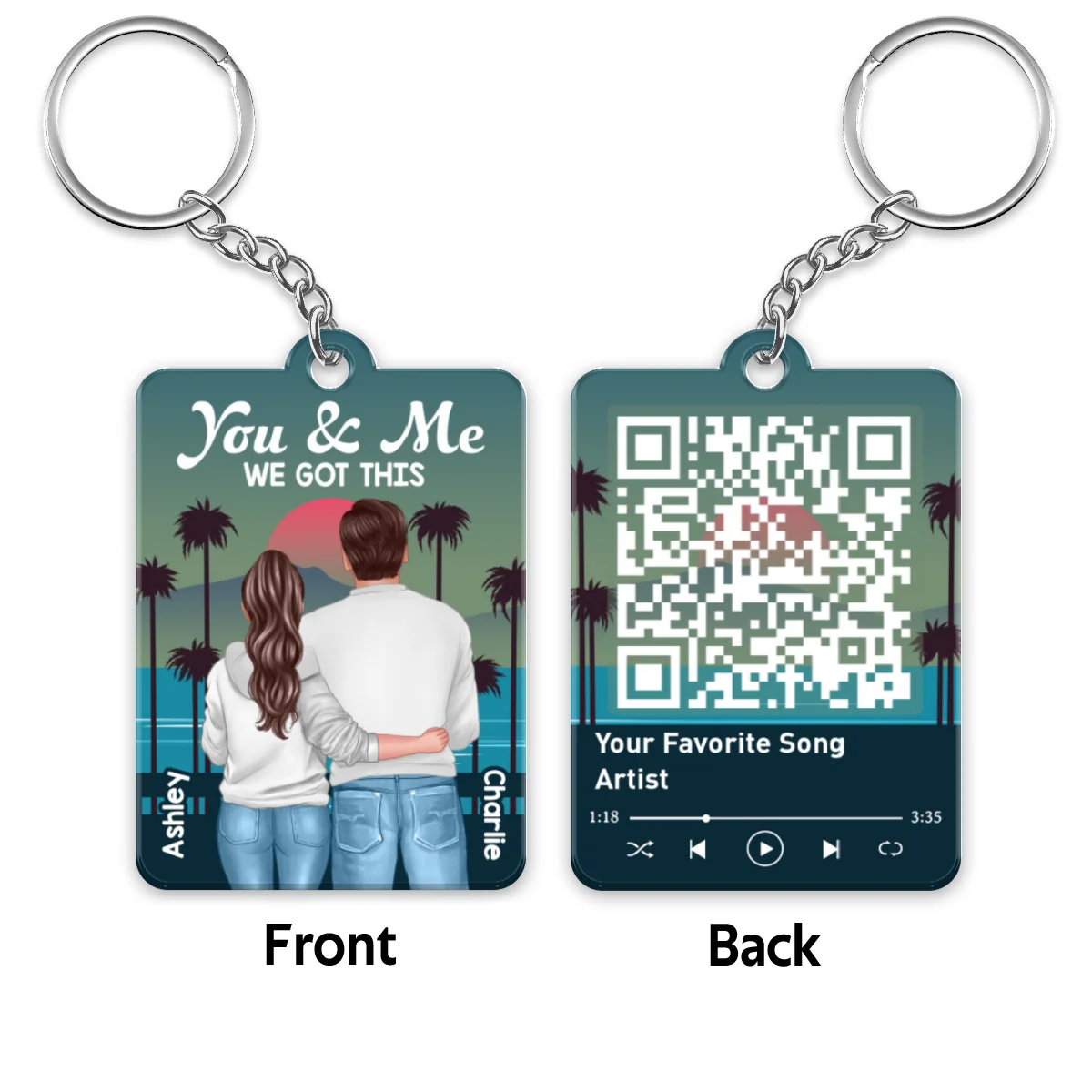 Retro Back View Couple Standing Hugging Favorite Song QR Code Personalized Acrylic Keychain - Image 4