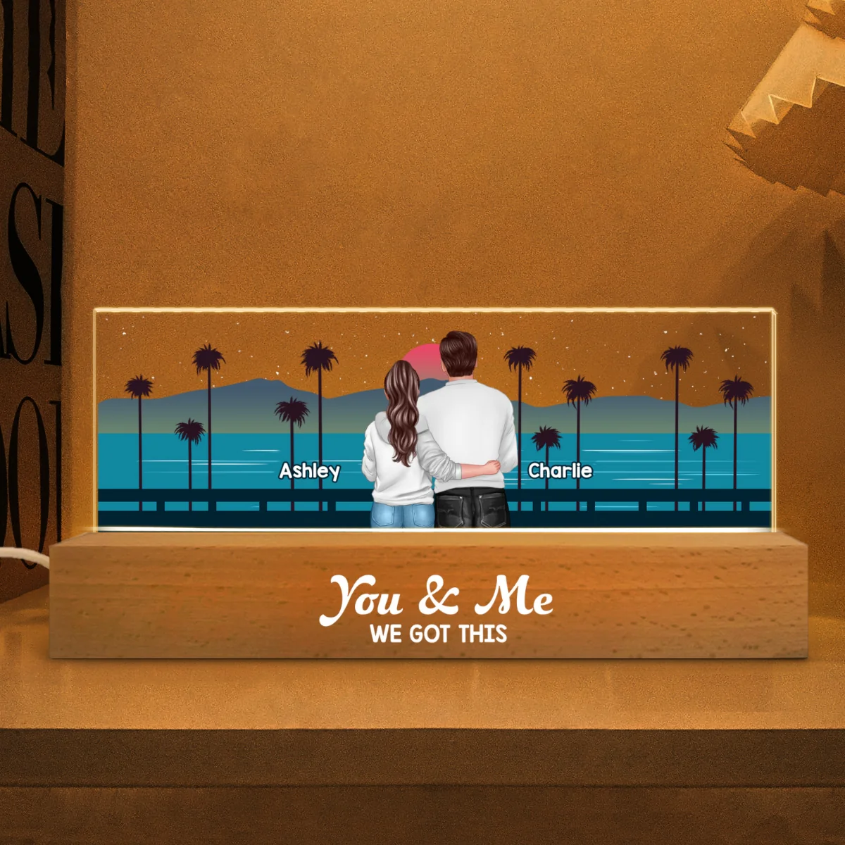 Retro Back View Couple Standing Hugging Personalized Acrylic Block LED Night Light - Image 11