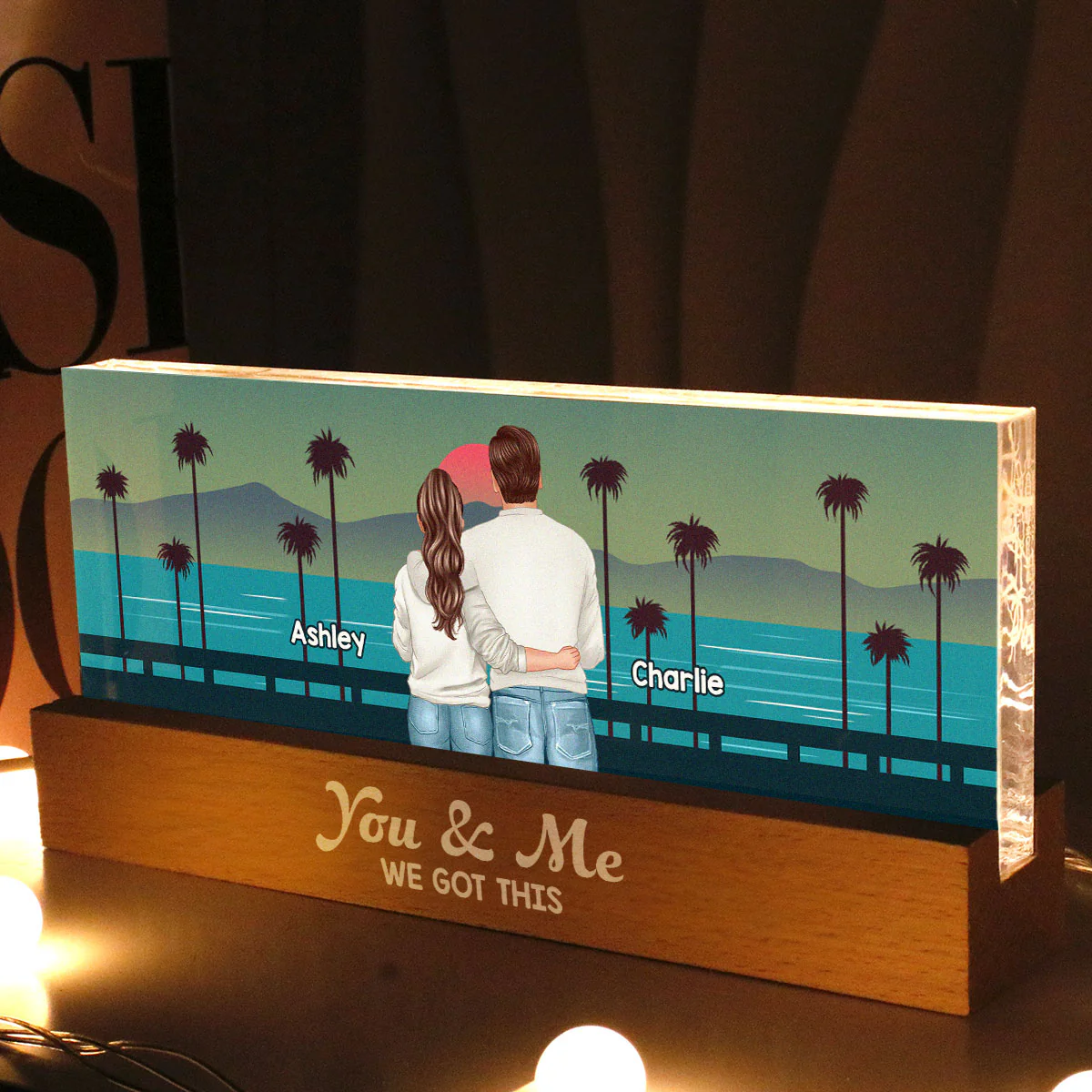 Retro Back View Couple Standing Hugging Personalized Acrylic Block LED Night Light - Image 6
