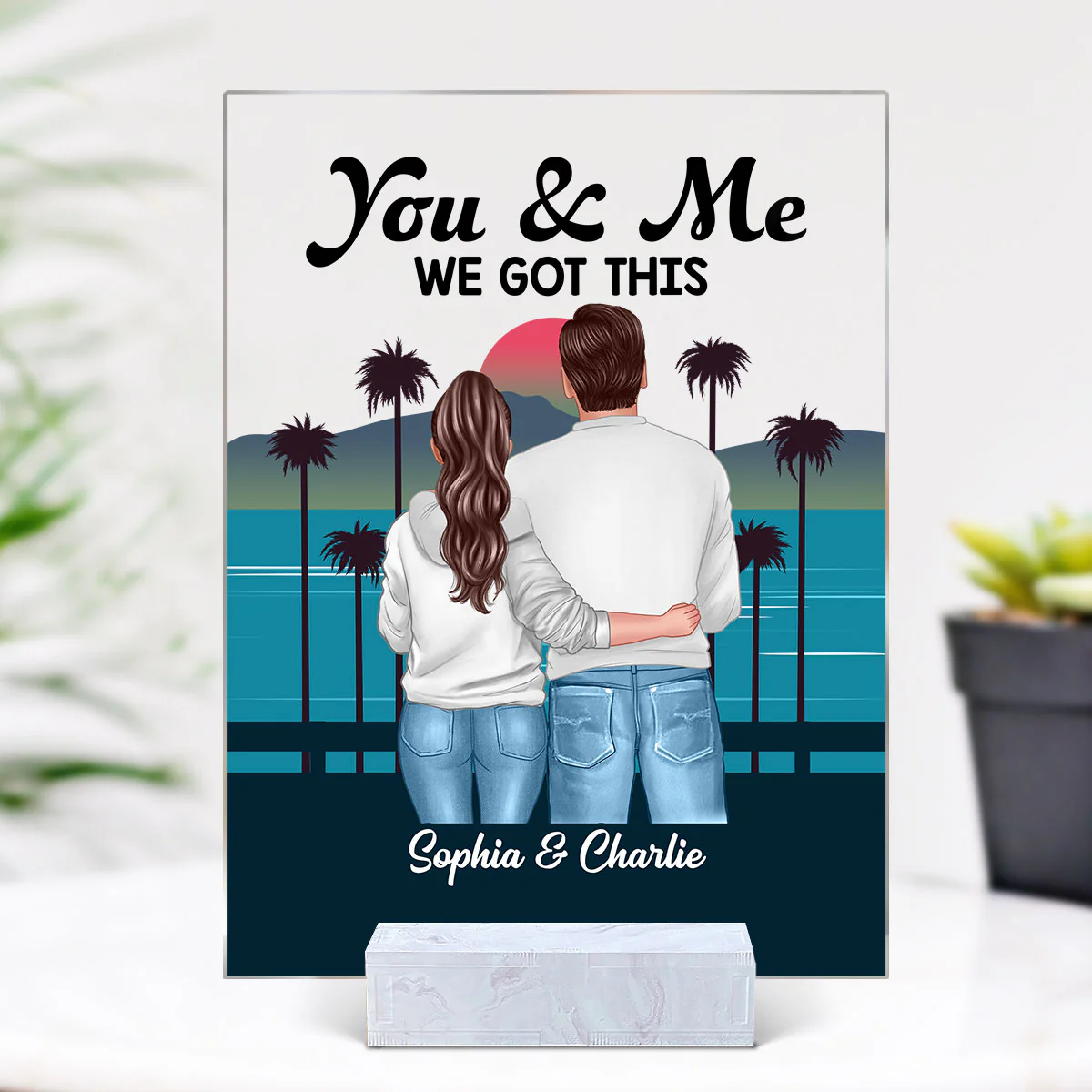 Retro Back View Couple Standing Hugging Personalized Acrylic Plaque