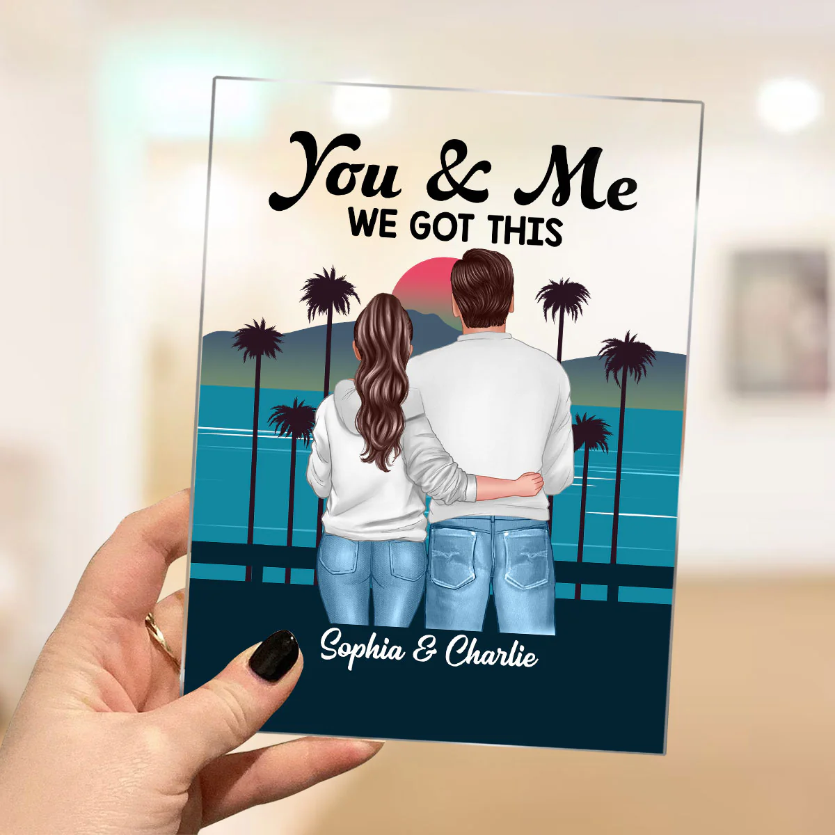 Retro Back View Couple Standing Hugging Personalized Acrylic Plaque - Image 3