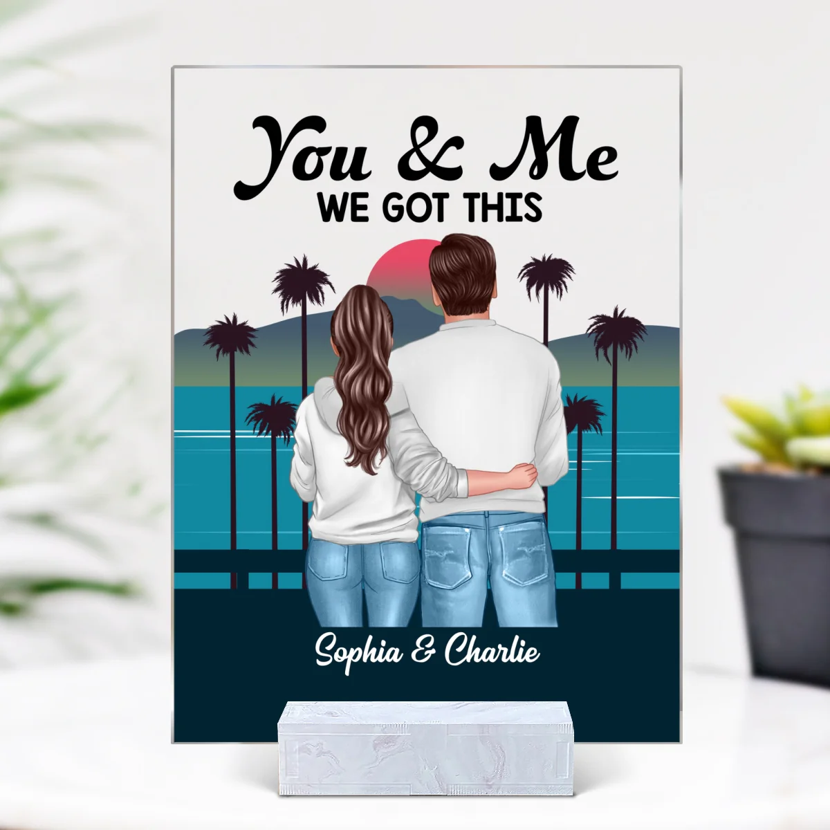 Retro Back View Couple Standing Hugging Personalized Acrylic Plaque - Image 4