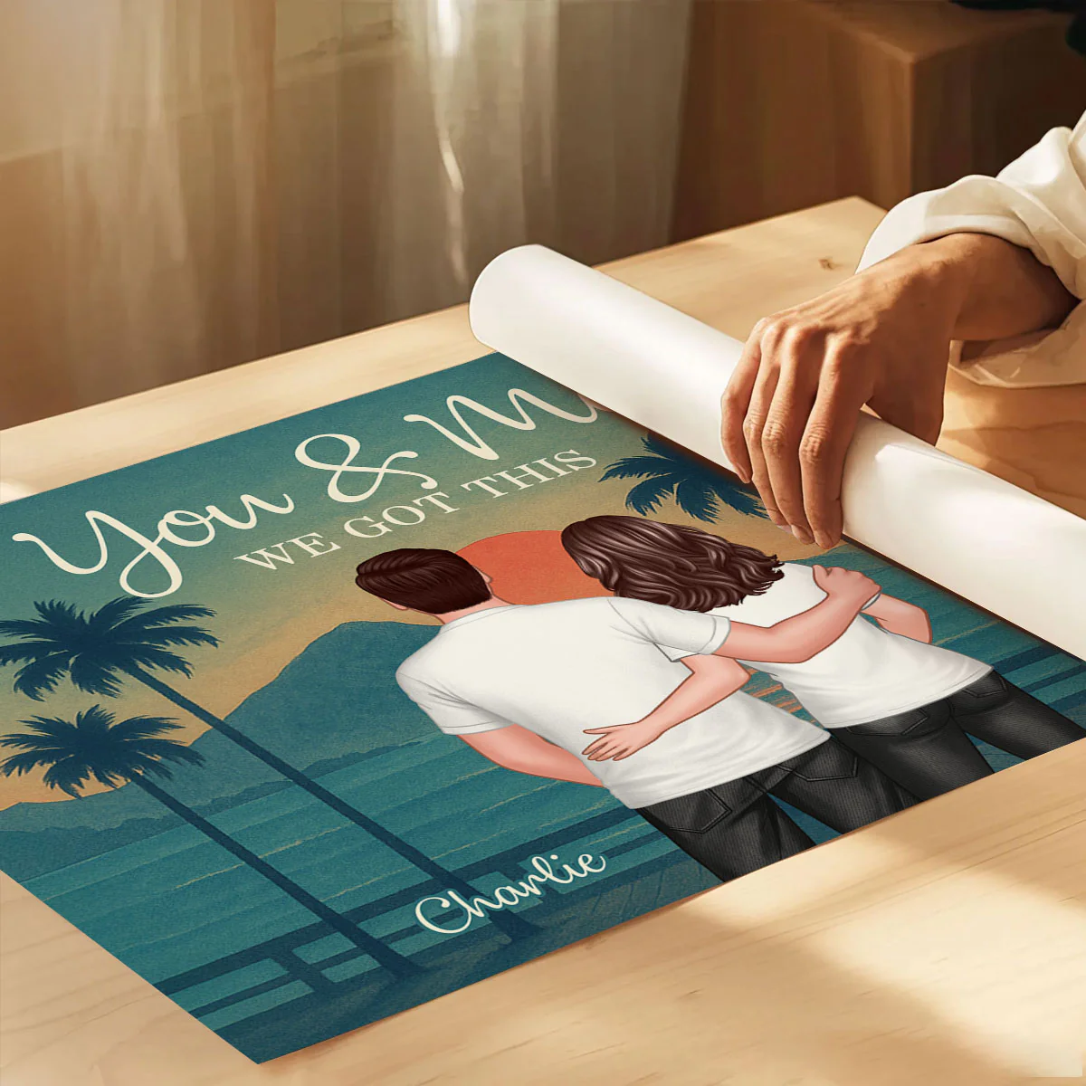 Retro Back View Couple Standing Hugging Personalized Poster, Anniversary gift for him, for her - Image 5