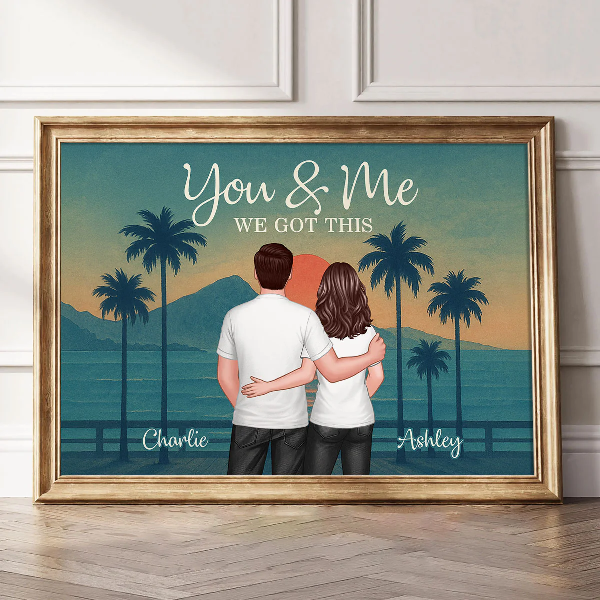 Retro Back View Couple Standing Hugging Personalized Poster, Anniversary gift for him, for her - Image 6