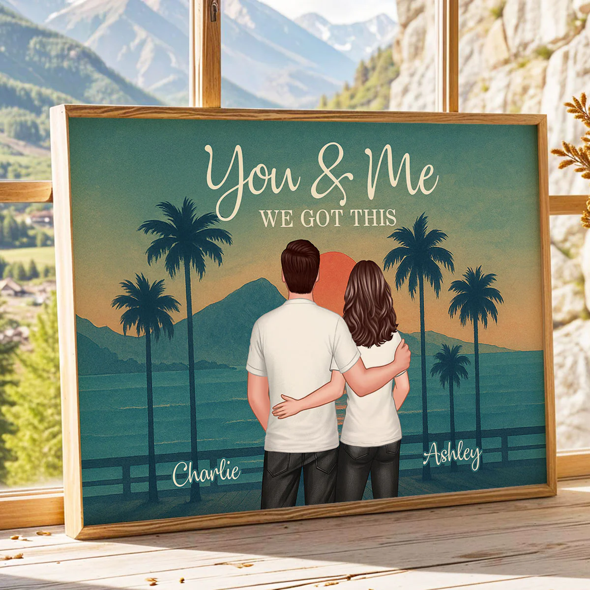 Retro Back View Couple Standing Hugging Personalized Poster, Anniversary gift for him, for her - Image 8