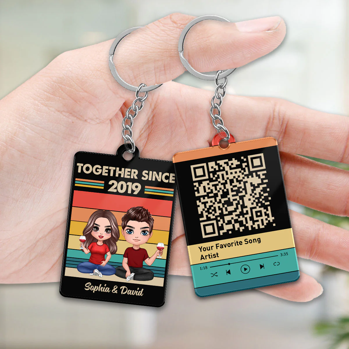 Retro Background Doll Couple Sitting Favorite Song Scannable QR Code Personalized Acrylic Keychain - Image 3