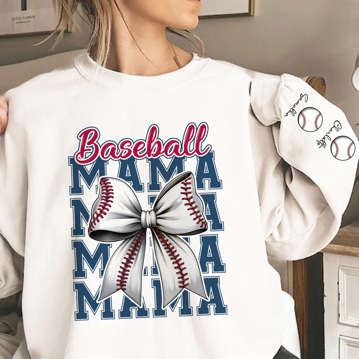 Retro Baseball Mom Coquette Bow Personalized Sleeve Printed Sweatshirt, Proud Baseball Mom Game Day Shirt, Gift For Baseball Mom - Image 5