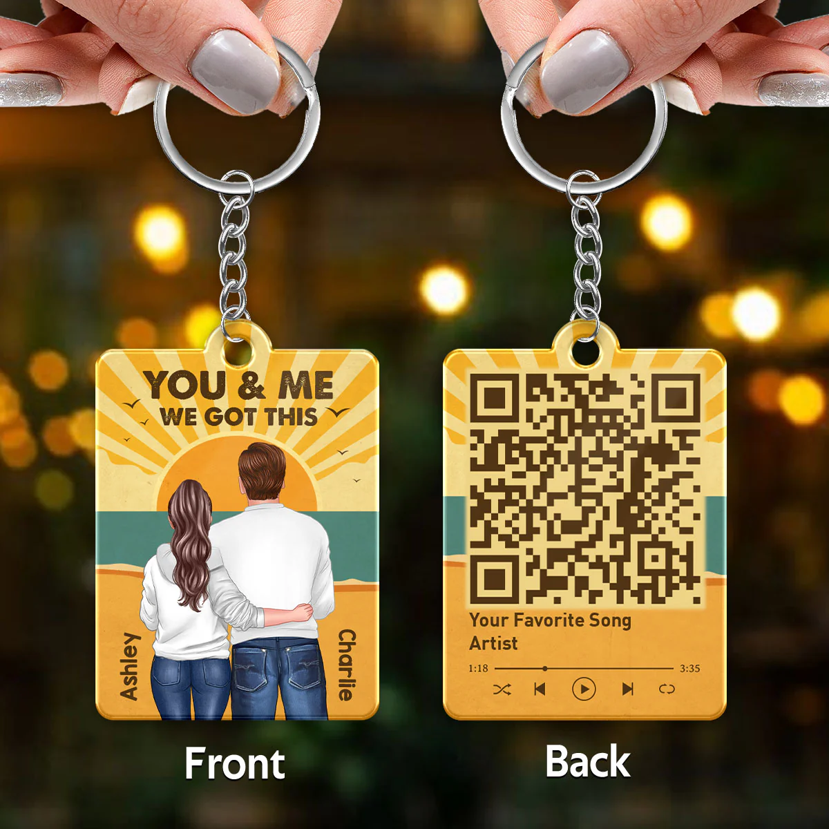 Retro Beach Couple Back View Favorite Song QR Code Personalized Acrylic Keychain - Image 3