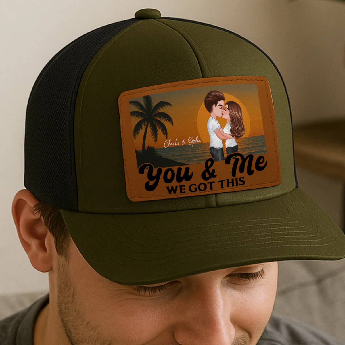 Retro Beach Summer Couple Kissing Personalized Leather Patch Hat - Image 2