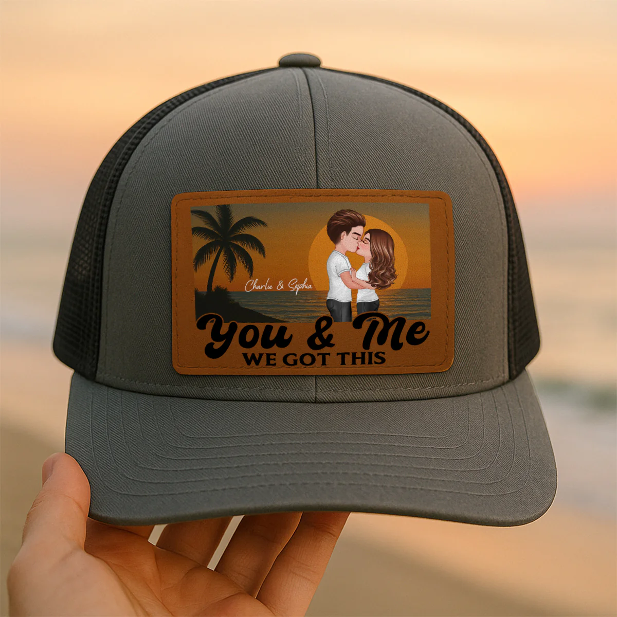 Retro Beach Summer Couple Kissing Personalized Leather Patch Hat - Image 3