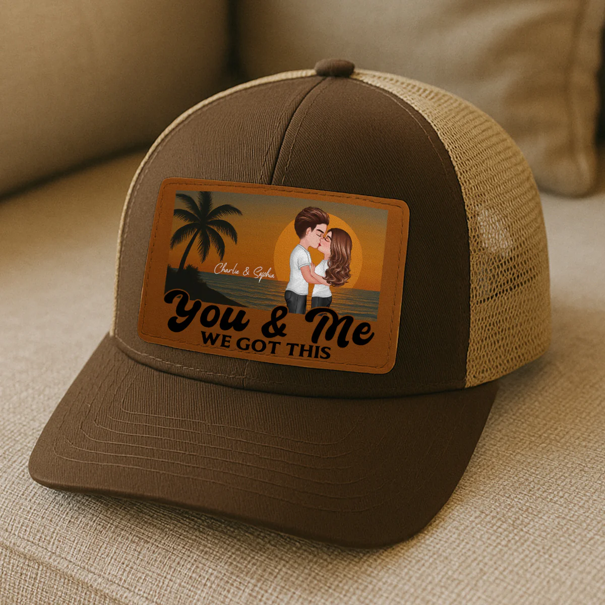 Retro Beach Summer Couple Kissing Personalized Leather Patch Hat - Image 4