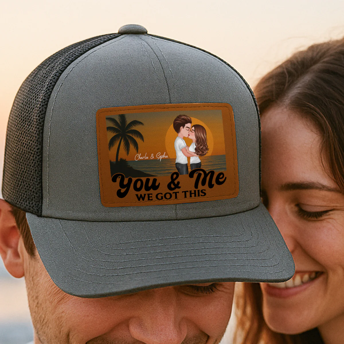 Retro Beach Summer Couple Kissing Personalized Leather Patch Hat - Image 5