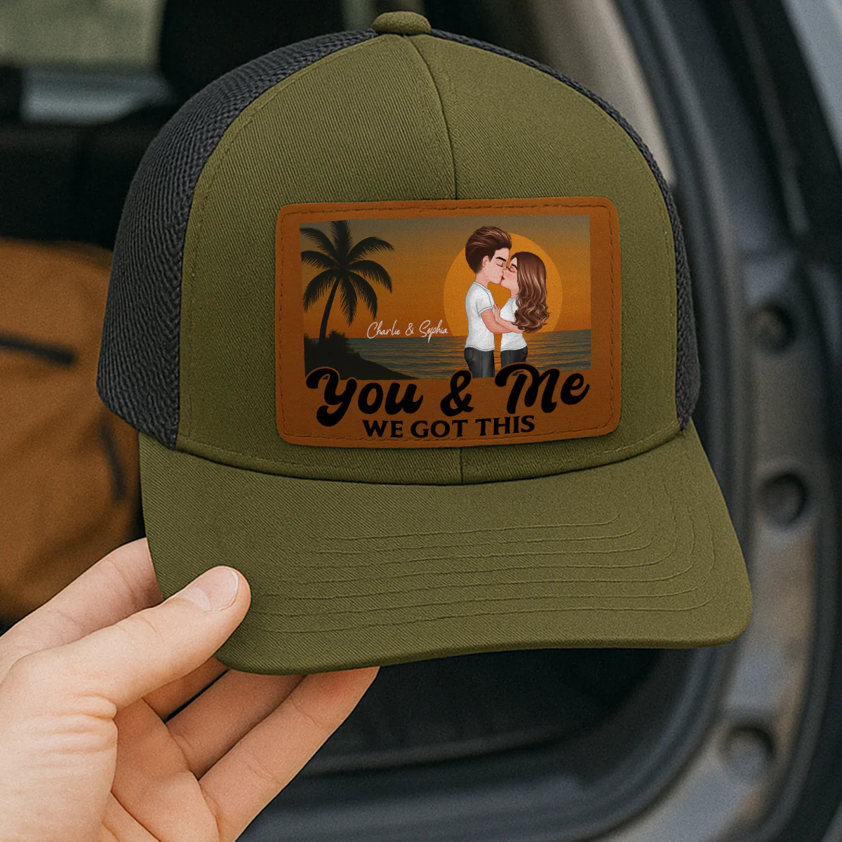 Retro Beach Summer Couple Kissing Personalized Leather Patch Hat - Image 6