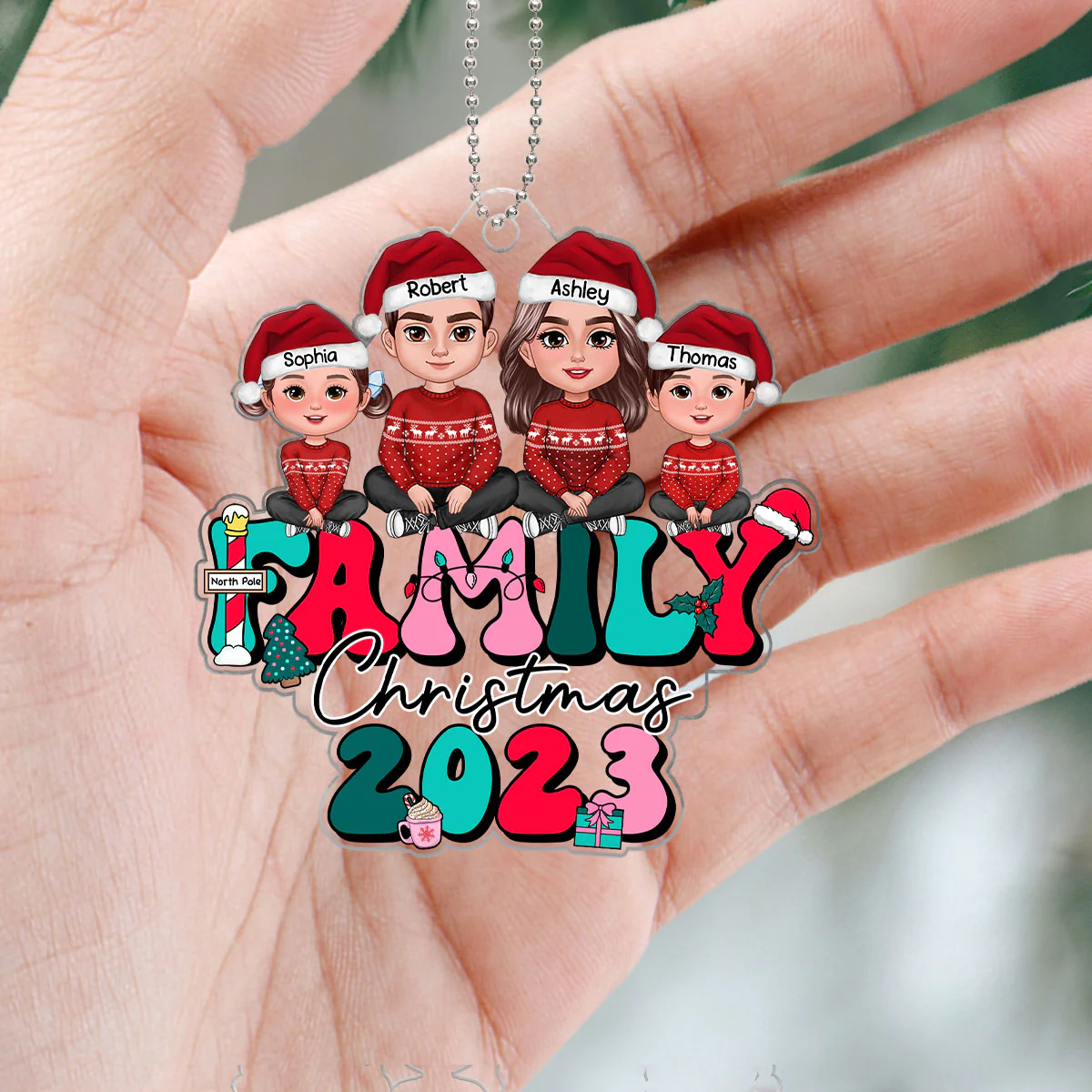 Retro Christmas Family Sitting Crossed Legs Personalized Acrylic Ornament - Image 5