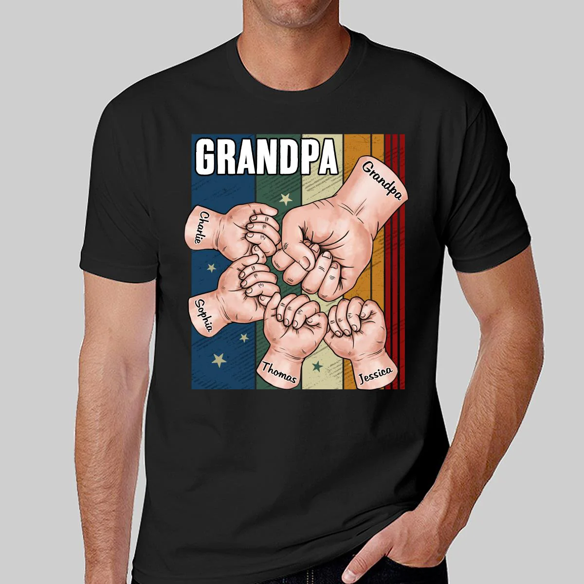Retro Dad Grandpa Uncle And Kids Hands Fist Bump Personalized Shirt - Image 2