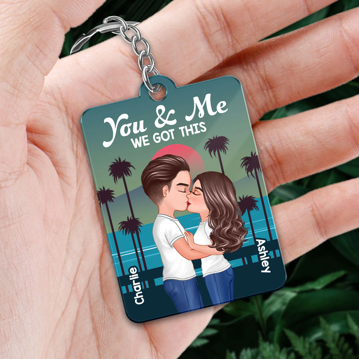 Retro Doll Couple Standing Kissing Favorite Song QR Code Personalized Acrylic Keychain - Image 2