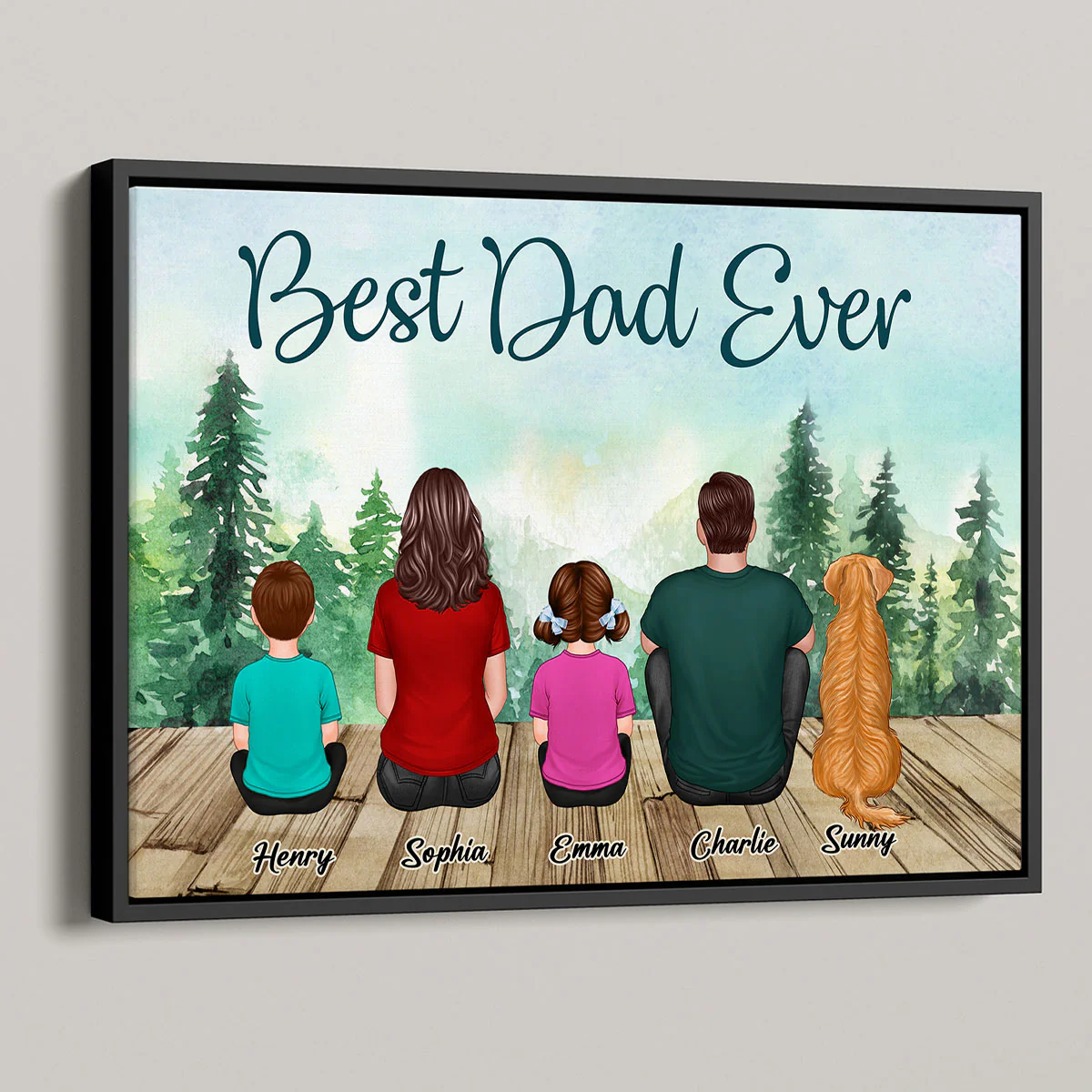 Retro Family Dad And Kids Back View Sitting Forest Personalized Poster, Perfect Gift For Family, For Husband, Wife, Dad, Mom - Image 4