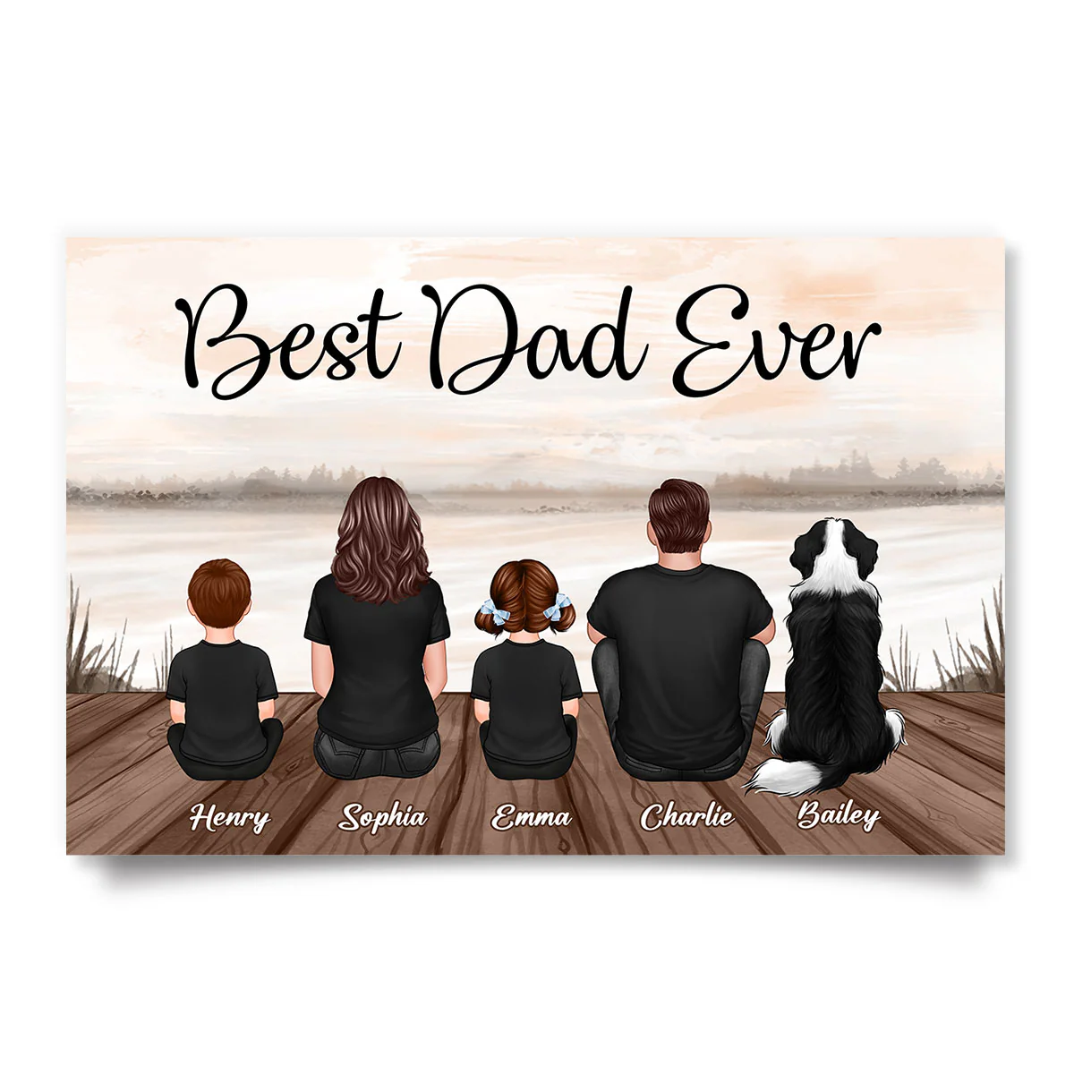 Retro Family Dad Grandpa Back View Man & Kids Lake View Personalized Horizontal Poster - Image 2