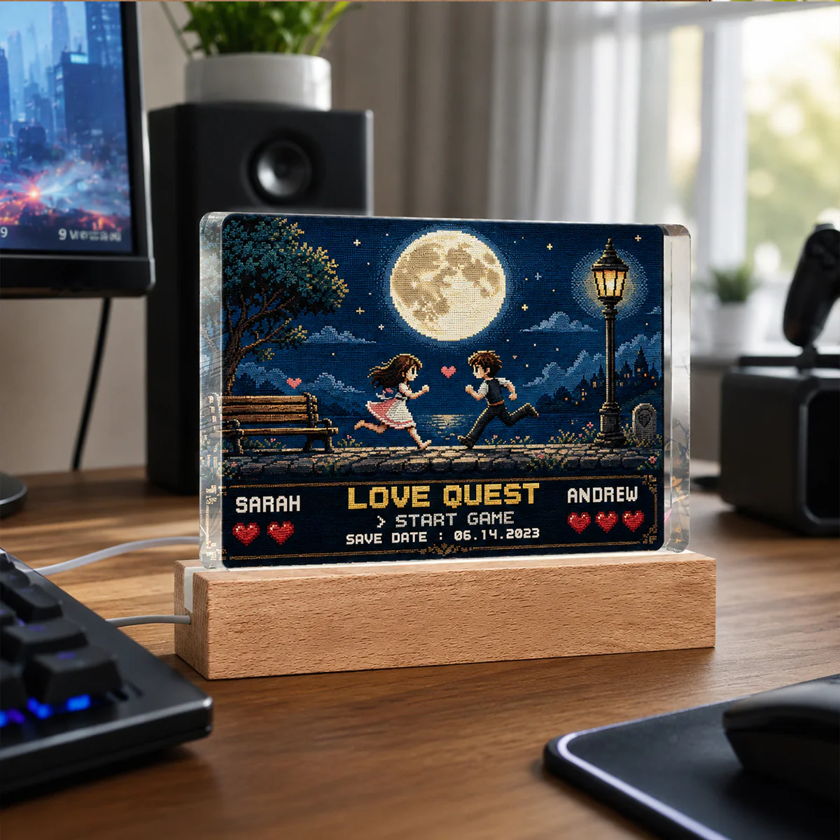 Retro Gamer Couple Love Quest - Personalized Acrylic Block LED Night Light - Anniversary Gift for Him, for Her - Image 6