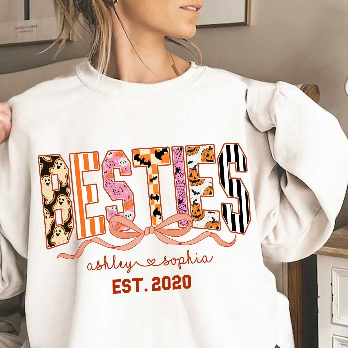 Retro Halloween Spooky Coquette Personalized Matching Besties Sweatshirt, Fall Gift for Besties - Image 2