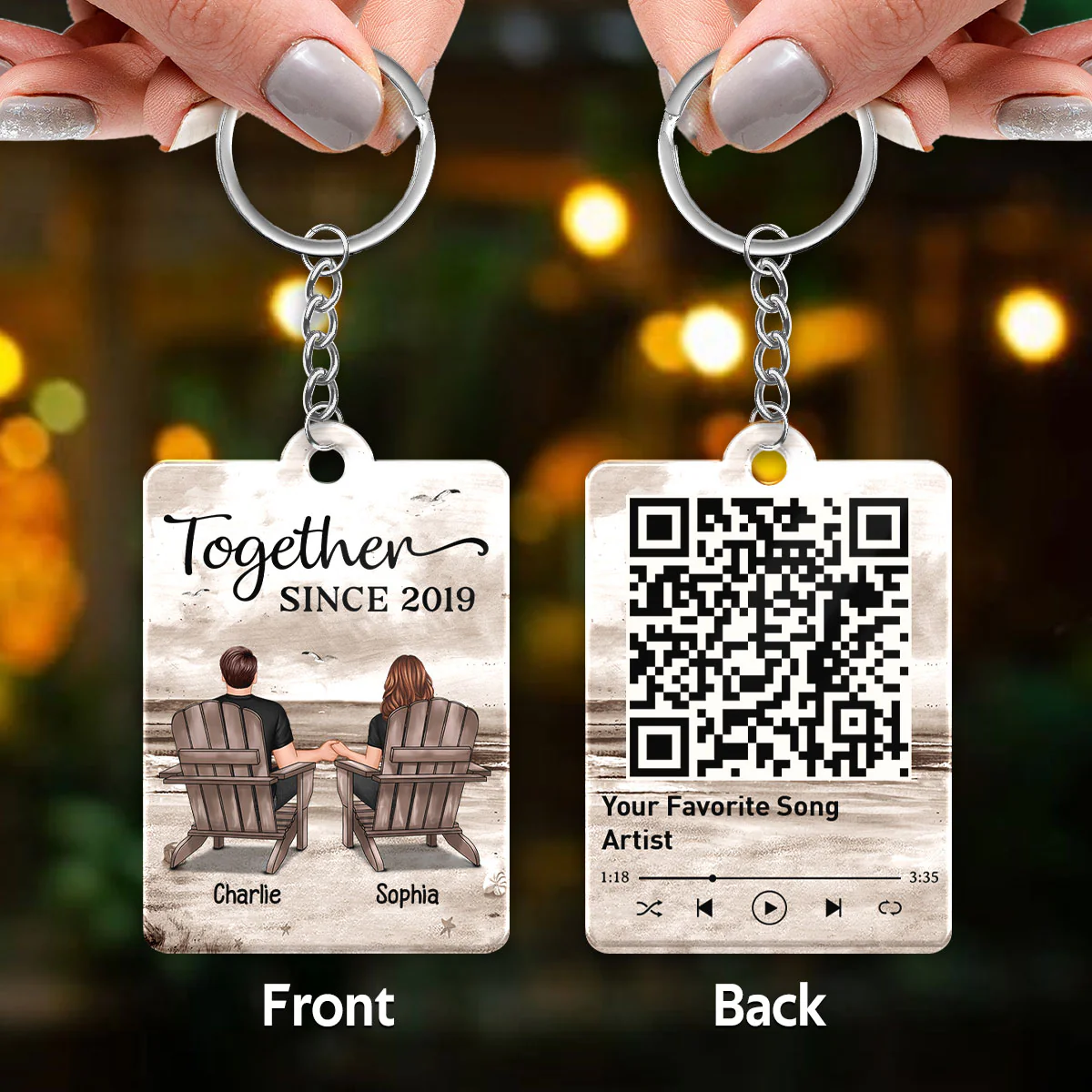 Retro Vintage Back View Couple Sitting Beach Landscape Favorite Song Scannable QR Code Personalized Acrylic Keychain - Image 4