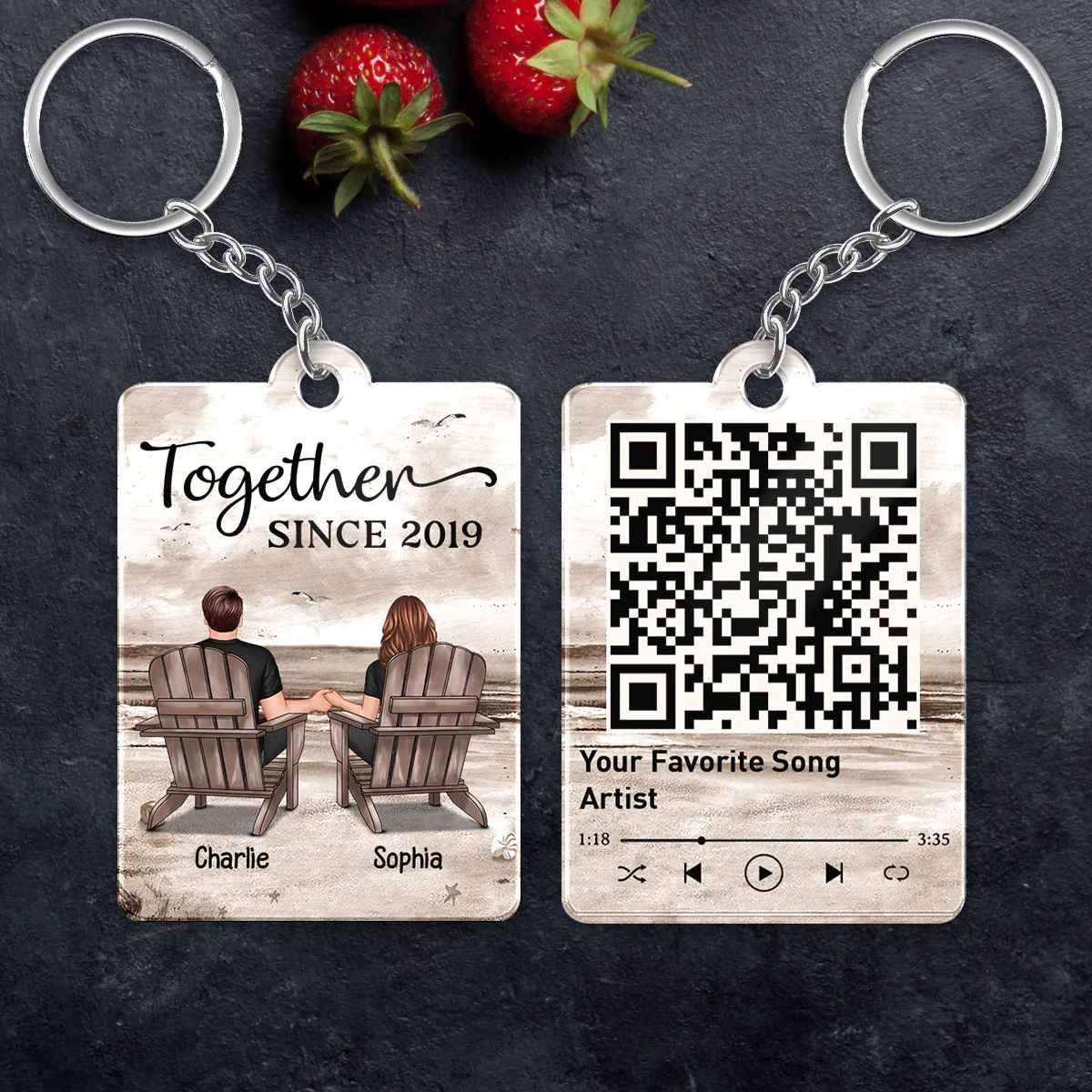 Retro Vintage Back View Couple Sitting Beach Landscape Favorite Song Scannable QR Code Personalized Acrylic Keychain - Image 5