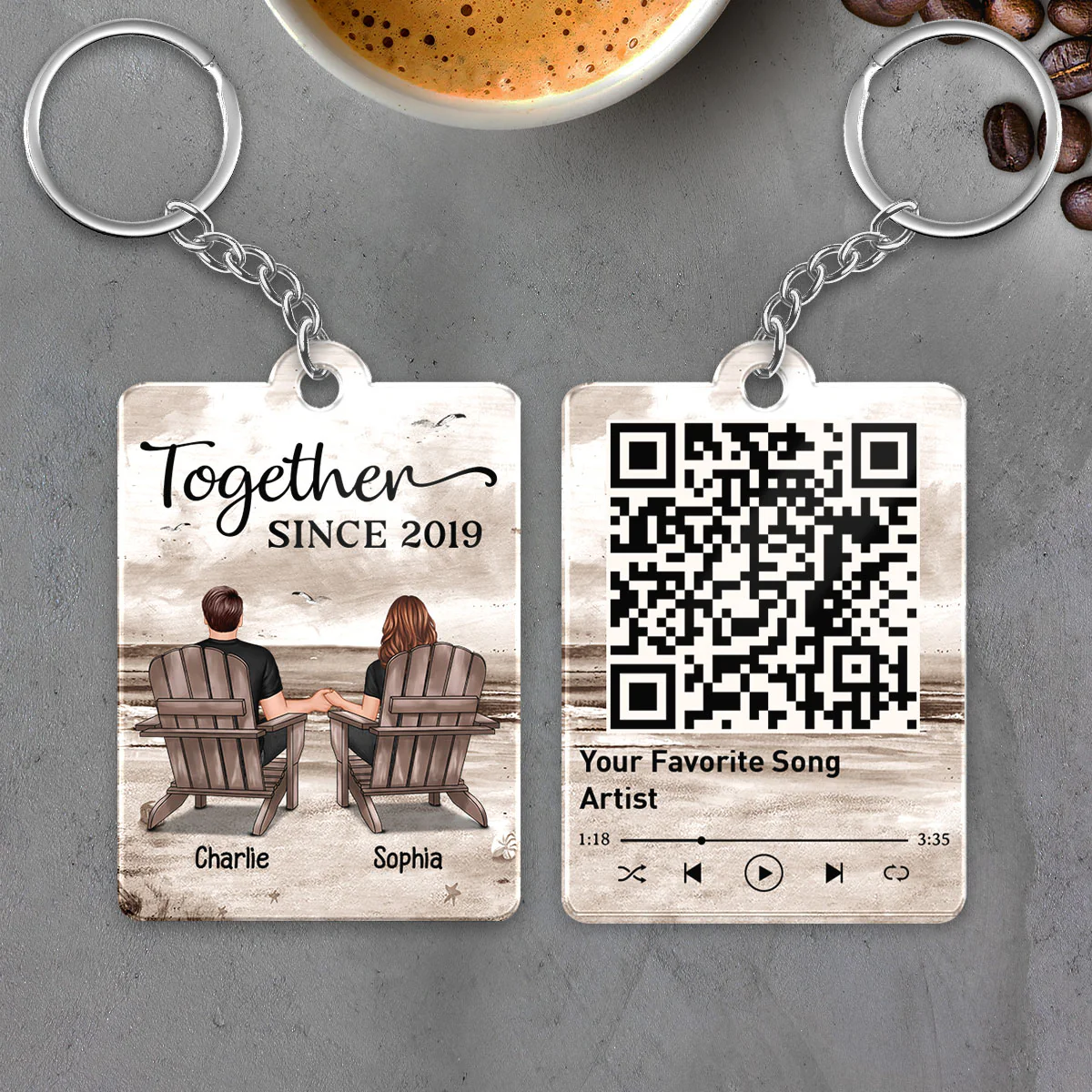 Retro Vintage Back View Couple Sitting Beach Landscape Favorite Song Scannable QR Code Personalized Acrylic Keychain - Image 6