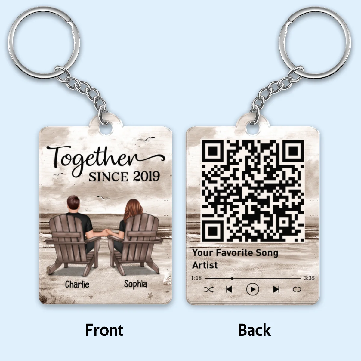 Retro Vintage Back View Couple Sitting Beach Landscape Favorite Song Scannable QR Code Personalized Acrylic Keychain - Image 7