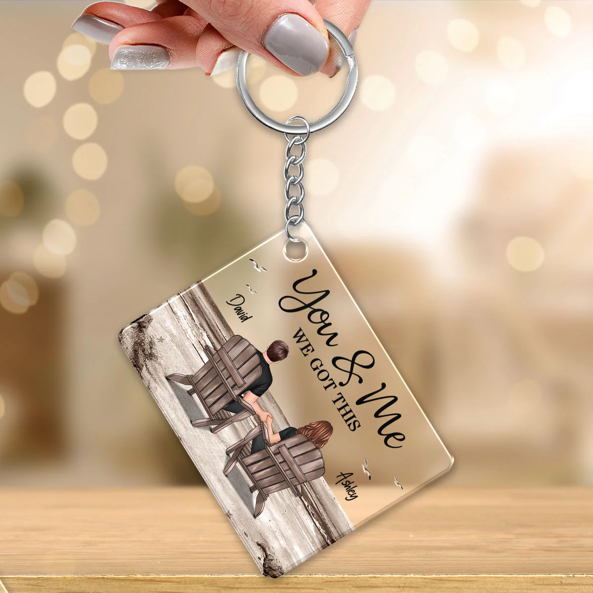 Retro Vintage Back View Couple Sitting Beach Landscape Personalized Acrylic Keychain - Image 3