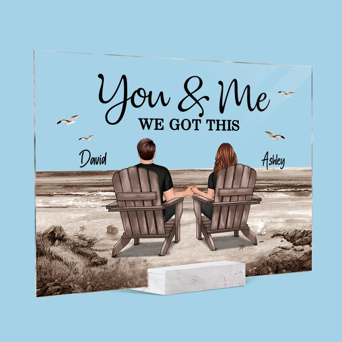 Retro Vintage Back View Couple Sitting Beach Landscape Personalized Acrylic Plaque - Image 2