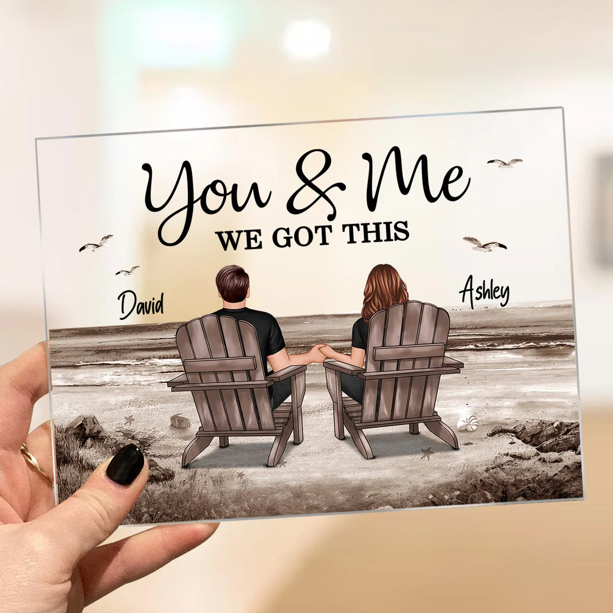Retro Vintage Back View Couple Sitting Beach Landscape Personalized Acrylic Plaque - Image 3