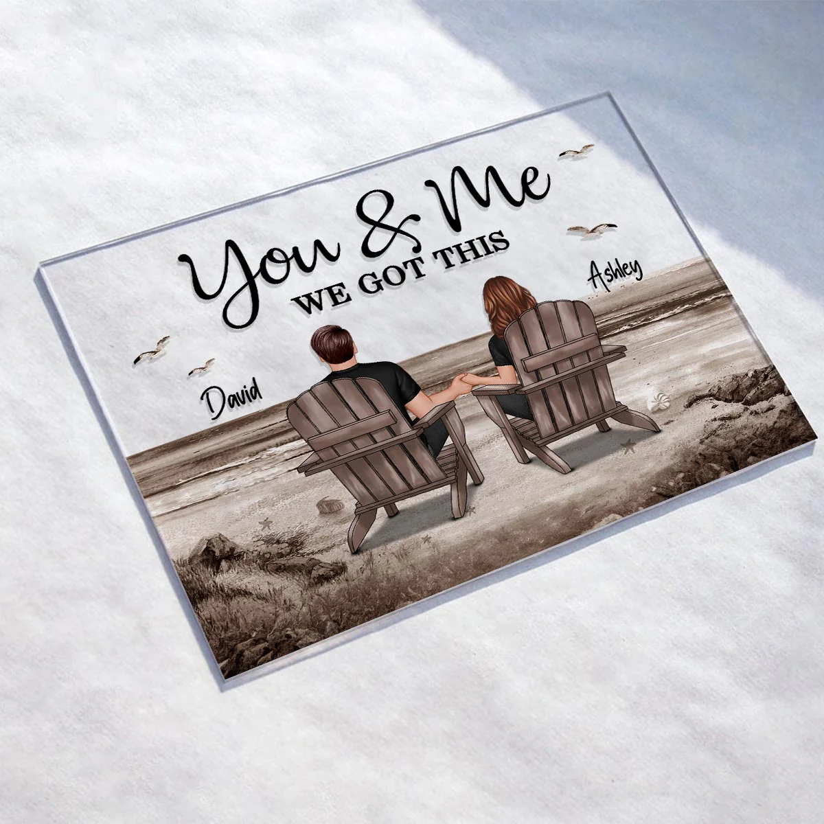 Retro Vintage Back View Couple Sitting Beach Landscape Personalized Acrylic Plaque - Image 4