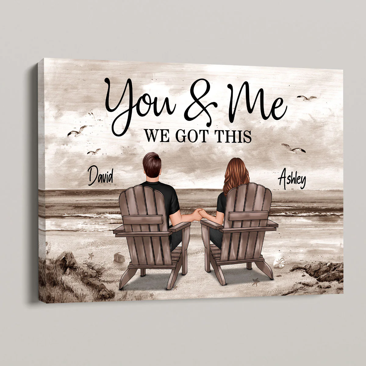 Retro Vintage Back View Couple Sitting Beach Landscape Personalized Canvas, Anniversary Gift For Couple, Husband, Wife, Dad, Mom