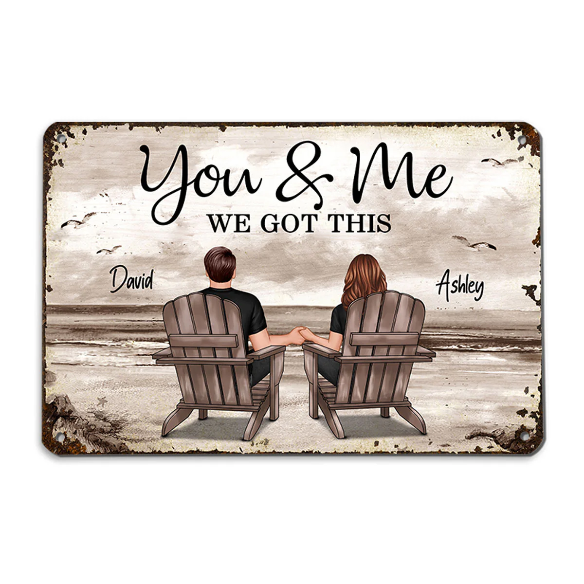Retro Vintage Back View Couple Sitting Beach Landscape Personalized Metal Sign
