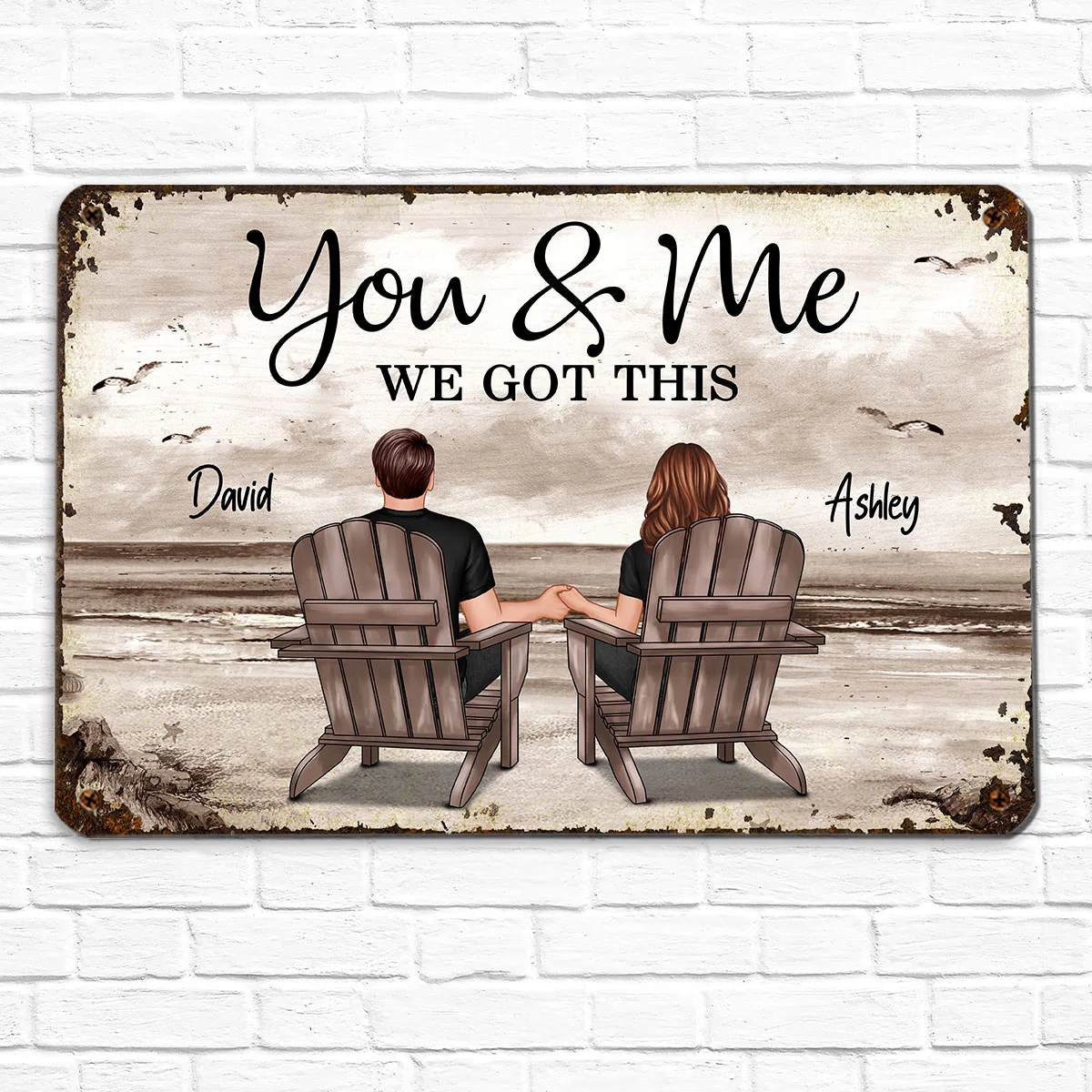 Retro Vintage Back View Couple Sitting Beach Landscape Personalized Metal Sign - Image 3