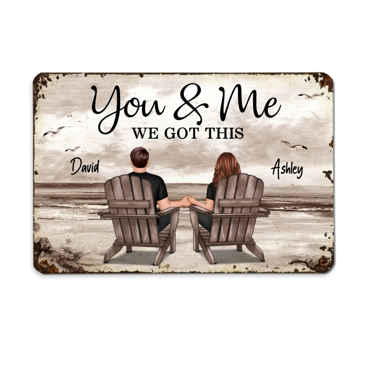 Retro Vintage Back View Couple Sitting Beach Landscape Personalized Metal Sign - Image 4