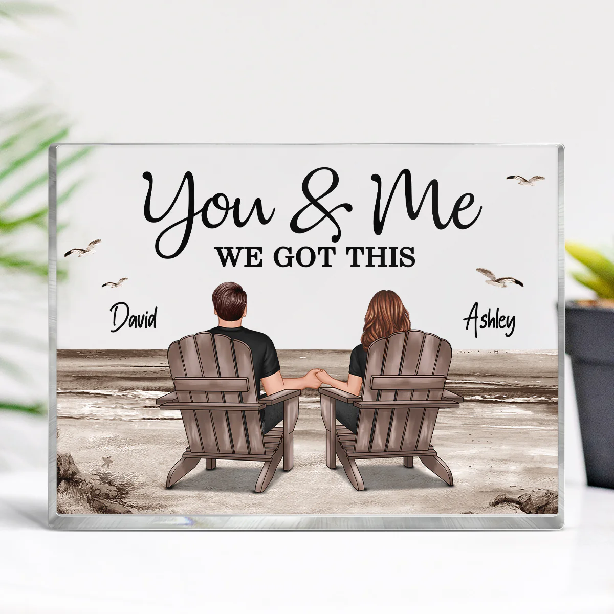 Retro Vintage Back View Couple Sitting Beach Landscape Personalized Rectangle Acrylic Block Plaque
