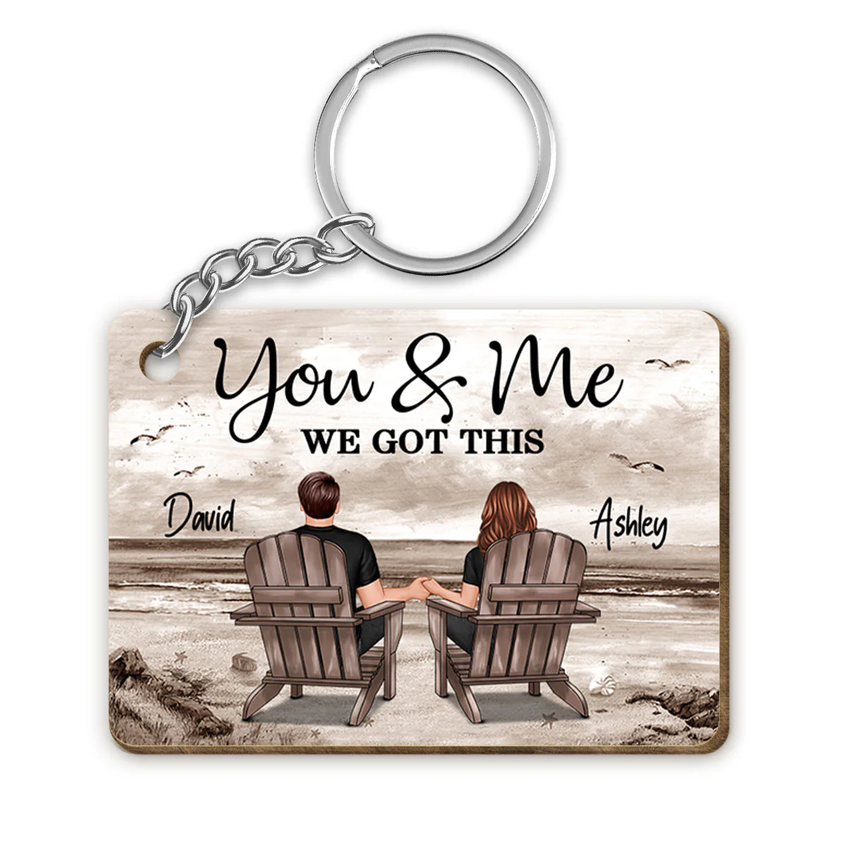 Retro Vintage Back View Couple Sitting Beach Landscape Personalized Wooden Keychain