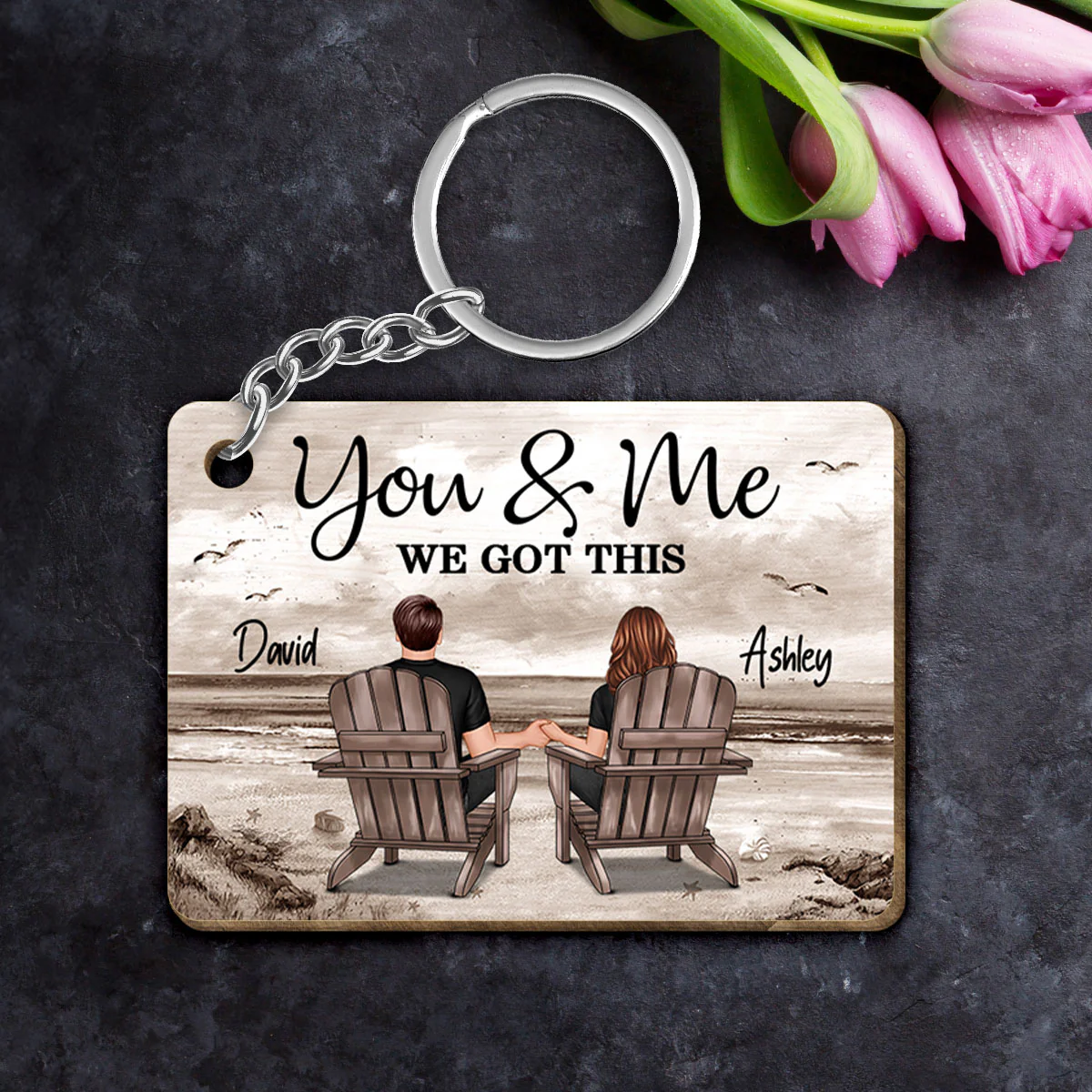 Retro Vintage Back View Couple Sitting Beach Landscape Personalized Wooden Keychain - Image 4