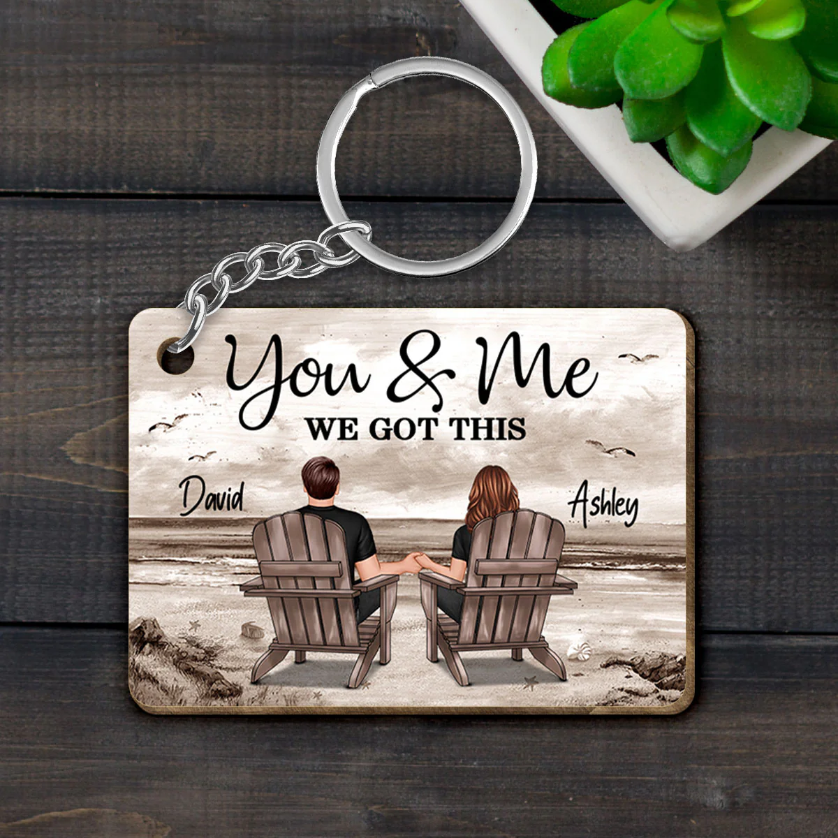 Retro Vintage Back View Couple Sitting Beach Landscape Personalized Wooden Keychain - Image 5
