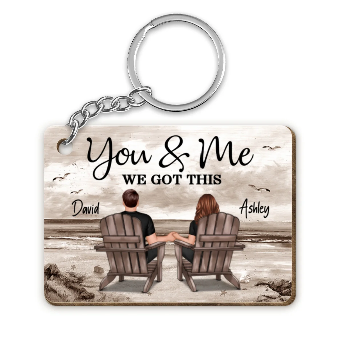 Retro Vintage Back View Couple Sitting Beach Landscape Personalized Wooden Keychain - Image 6