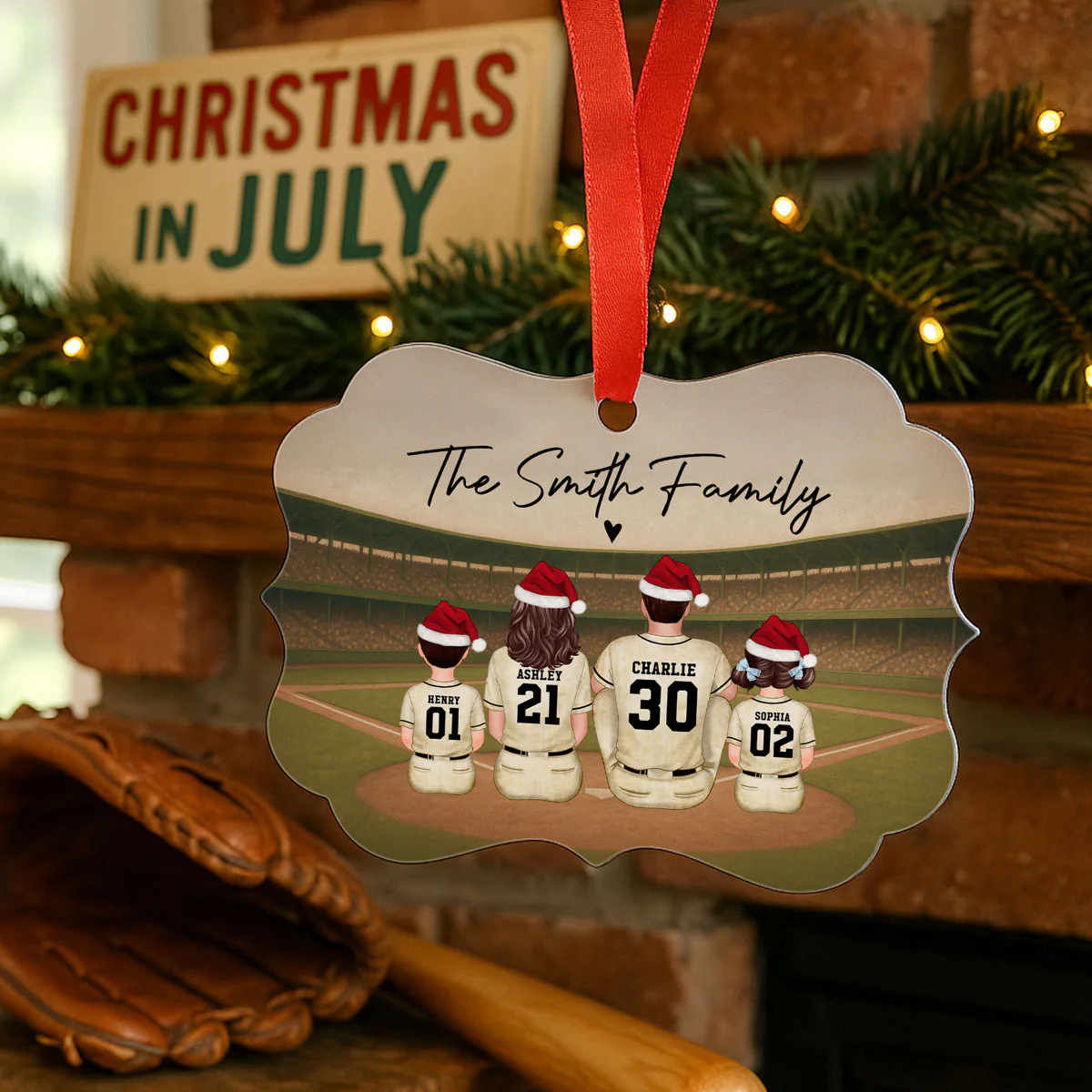Retro Vintage Baseball Family Christmas Personalized Aluminum Ornament, Christmas in July - Image 4