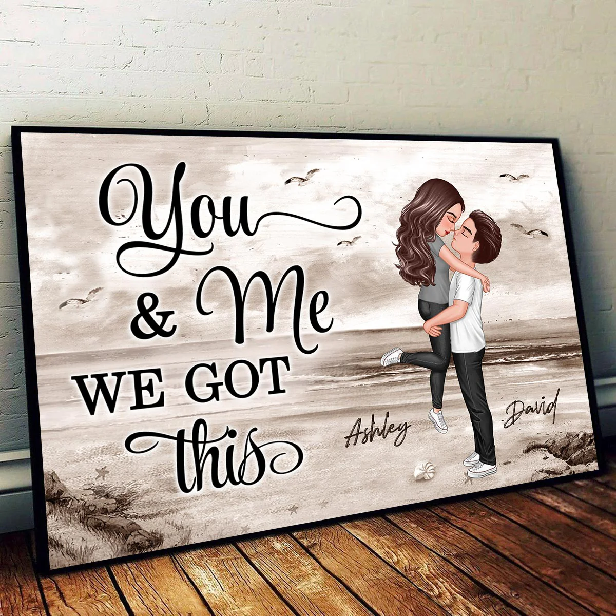 Retro Vintage Couple Hugging Kissing Beach Landscape Personalized Horizontal Poster - Image 4
