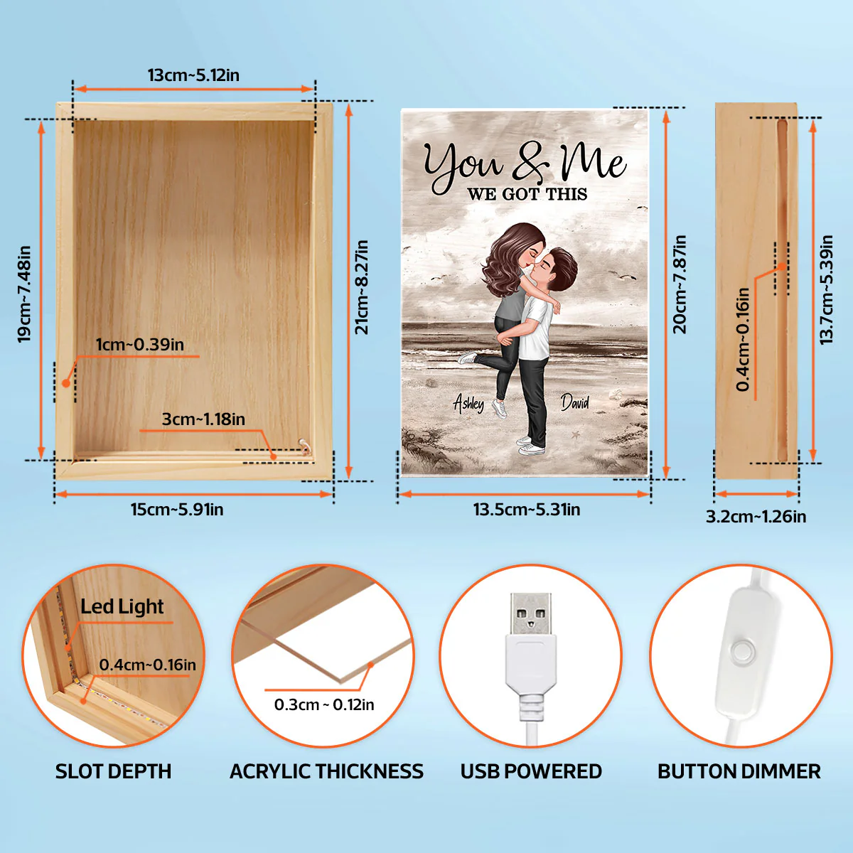 Retro Vintage Couple Hugging Kissing Beach Landscape Personalized Wooden Frame Light Box - Image 5
